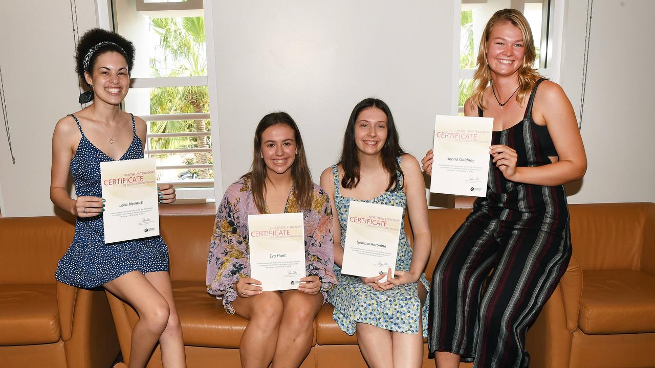 Jenna Goldney (right) with fellow NTCET top 20 students Leila Heinrich, Eva Hunt and Gemma Antonino in 2019. Picture: Katrina Bridgeford