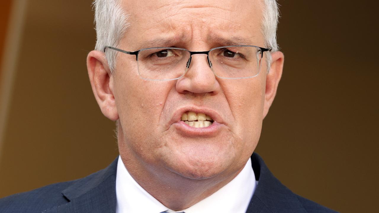 Prime Minister Scott Morrison holds a press conference in the Prime Minister's courtyard at Parliament House. Picture: Toby Zerna