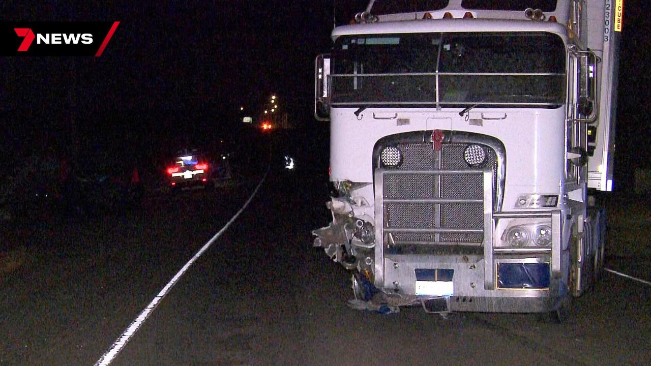 A 39-year-old woman has died after her car and a truck collided on the Horrocks Highway at Templers. Picture: 7NEWS