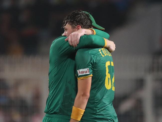 KOLKATA, INDIA - NOVEMBER 16: Gerald Coetzee of South Africa distraught after the loss during the ICC Men's Cricket World Cup 2023 semi final match between South Africa and Australia at Eden Gardens on November 16, 2023 in Kolkata, India. (Photo by Pankaj Nangia/Gallo Images/Getty Images)