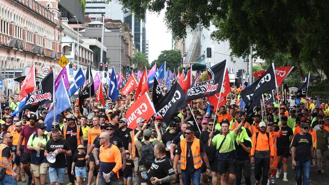 Thousands of tradies have descended on parliament today protesting changes to Best Practice Industry Conditions and right of entry to construction worksites across the state., Under the banner "Building Trades Group," members of the CFMEU, Electrical Trades Union (ETU) and Plumbers unions marched from Queen Victoria Park to Parliament House Picture Liam Kidston