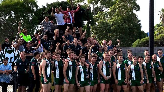 After their weekend win, Wantirna South Football Club players celebrated with fans sitting pretty in the cushy new stands. Picture: Wantirna South Senior Football Club