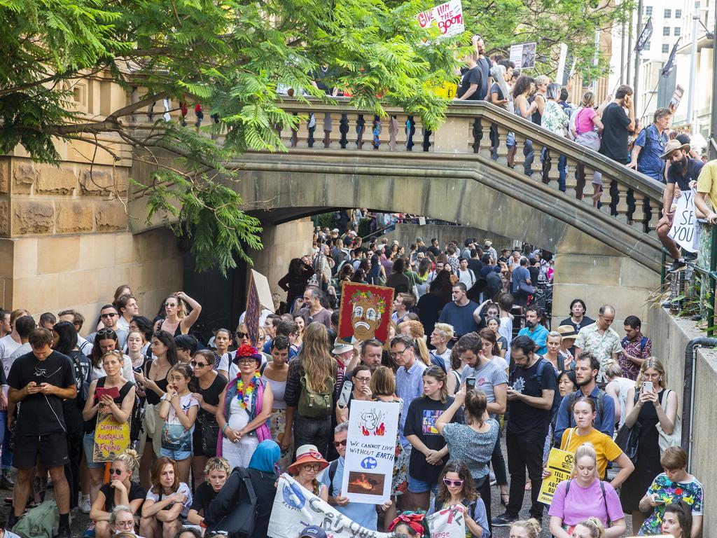 SYDNEY, AUSTRALIA - JANUARY 10: Activists rally for climate action at Sydney Town Hall on January 10, 2020 in Sydney, Australia. Protests around the country were organised in response to the ongoing bushfire crisis in Australia. Fires in New South Wales, Victoria, Queensland, Western Australia and South Australia have burned 8.4 million hectares of land. At least 25 people have been killed, including three volunteer firefighters, and thousands of homes and buildings have been destroyed. (Photo by Jenny Evans/Getty Images)