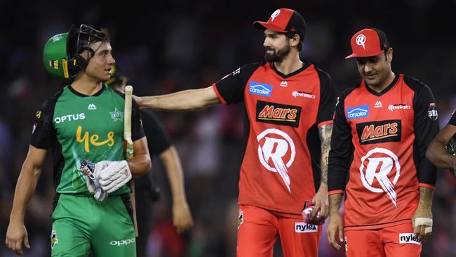 Emotions ran high between Kane Richardson and Marcus Stoinis in last year’s derby. Picture: James Ross/AAP