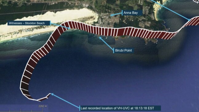 Flight path of VH-UVC following the VFR coastal route passing Anna Bay and the turn offshore. Credit: ATSB report