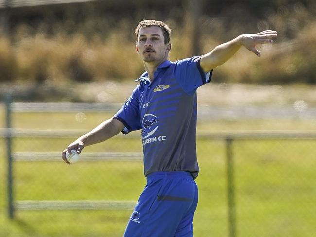 Langwarrin leg-spinner Matt Prosser makes a move in last season’s MPCA Provincial semi-final. Picture: Valeriu Campan