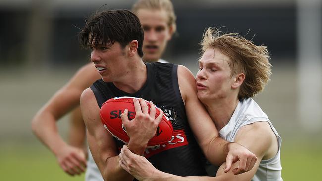 Oliver Henry, left, booted two goals in the Pies’ intra-club hitout. Picture: Daniel Pockett/Getty Images