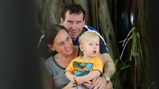 SUPPORT: Arron Mealing is thankful for the support of his family in helping him deal with the death of sister Angela. He is pictured here with his wife Kelly Kelly son Kye, 15 months. PICTURE: ANNA ROGERS