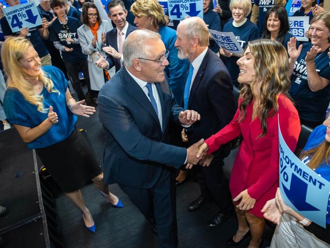 Prime Minister Scott Morrison at SA Campaign event in Adelaide shakes hands with the Liberal candidate Anna Finizio. Picture: Jason Edwards