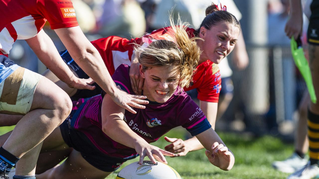 Anna Park gets a try for Toowoomba Bears against St George Roma in Downs Rugby Womens XV grand final rugby union at Toowoomba Sports Ground, Saturday, August 24, 2024. Picture: Kevin Farmer