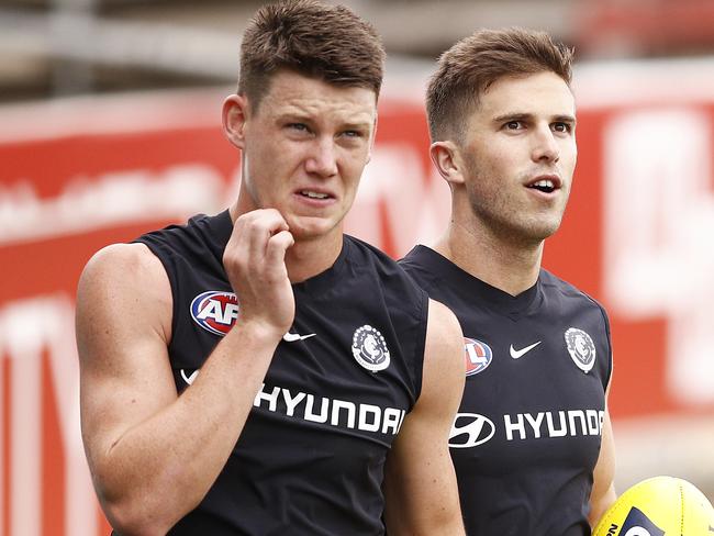 MELBOURNE, AUSTRALIA - MARCH 20: Sam Walsh (L) and Marc Murphy of the Blues are seen during the media session at Ikon Park on March 20, 2019 in Melbourne, Australia. (Photo by Daniel Pockett/Getty Images)