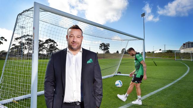 Western United chairman Jason Sourasis at the soccer club’s training facility at Essendon, Melbourne: ‘This project is the first of its kind in Australia.’ Picture: NCA NewsWire / Nicki Connolly