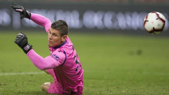 Perth goalkeeper Liam Reddy is beaten in the final moments by a long-range effort from Tarek Elrich of the Wanderers at Spotless Stadium. Picture: AAP