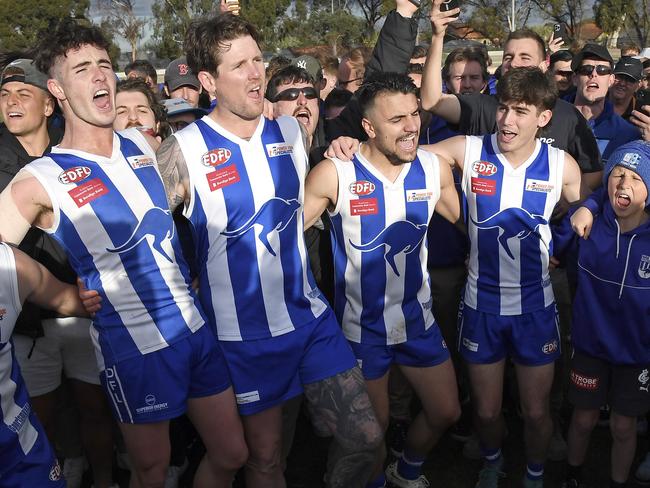 Oak Park players celebrate after winning the EDFL Division 2 grand final between Oak Park and Sunbury Kangaroos in Coburg, Saturday, Sept. 9, 2023. Picture: Andy Brownbill