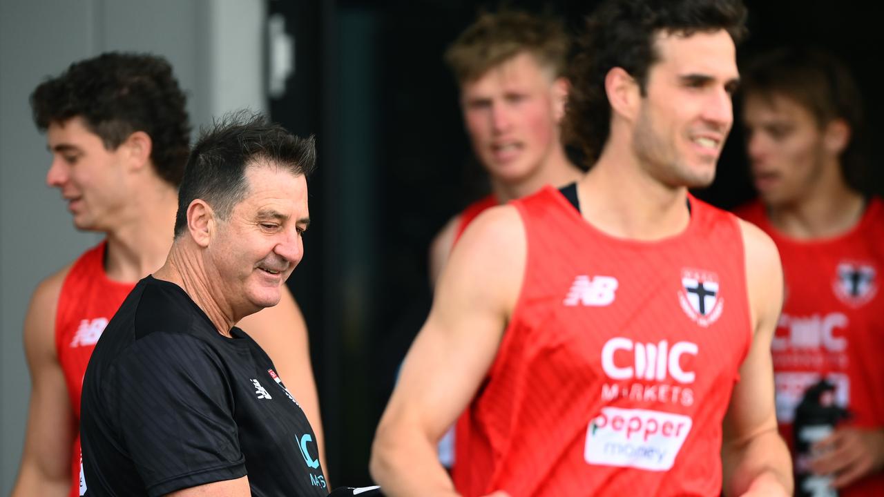 Ross Lyon and Max King at St Kilda training in November. (Photo by Quinn Rooney/Getty Images)