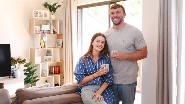 The Daily Telegraph 28.2.2025 FiancÅ½ Alanna De Bris and Dylan Hanney in their Bondi rental. Choosing mortgages over marriage due to the huge cost of weddings and the need for hefty deposits to get into the property market.  Picture: Rohan Kelly