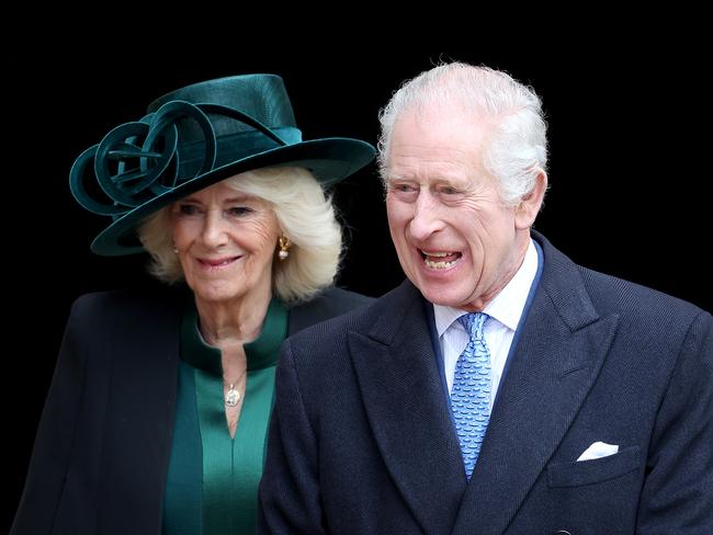 WINDSOR, ENGLAND - MARCH 31: Queen Camilla and King Charles III depart from the Easter Mattins Service at Windsor Castle on March 31, 2024 in Windsor, England. (Photo by Chris Jackson/Getty Images)