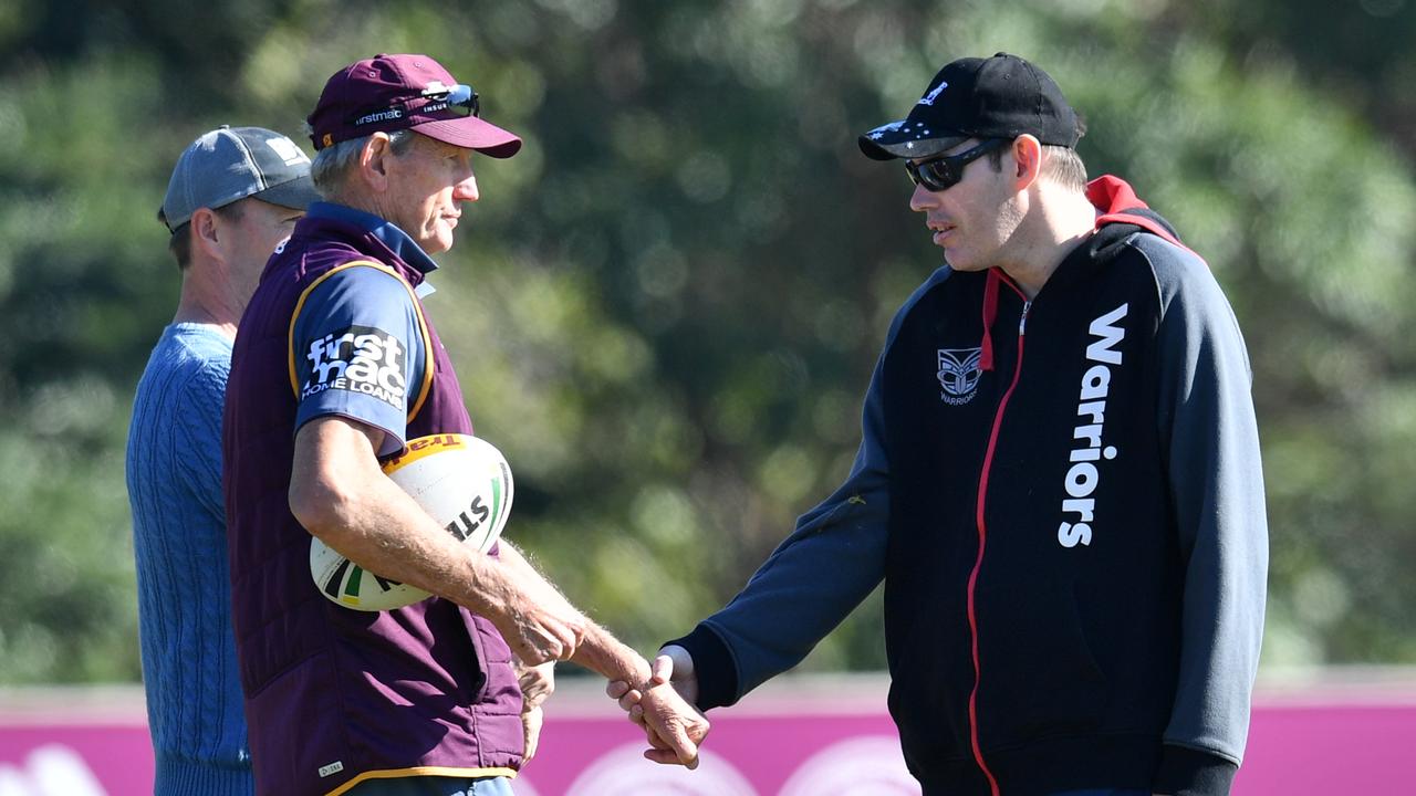 Brisbane Coach Wayne Bennett (left) is seen with his son Justin (right) during a Brisbane Broncos training session at Clive Berghofer Field in Brisbane, Thursday, July 19, 2018.