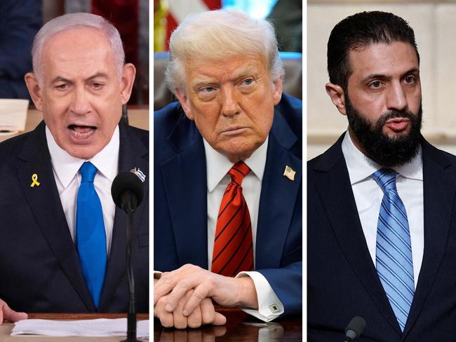 Benjamin Netanyahu, Donald Trump, Mohammed al-Sharaa.