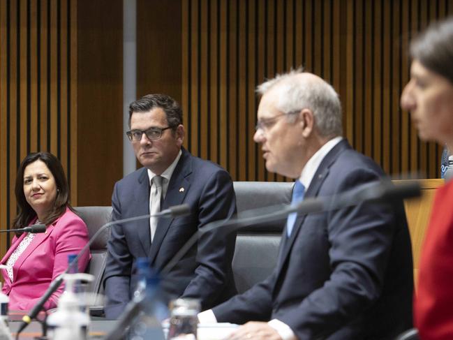 CANBERRA, AUSTRALIA-NCA NewsWire Photos DECEMBER 11 2020.Prime Minister Scott Morrison with state and territory premiers for National Cabinetduring a press conference in Parliament House Canberra. L-R: QLD Premier Annastacia Palaszczuk, Victorian Premier Daniel Andrews, Prime Minister Scott Morrison, NSW Premier Gladys Berejiklian, SA Premier Steven Marshall and WA Premier Mark McGowan.Picture: NCA NewsWire / Gary Ramage