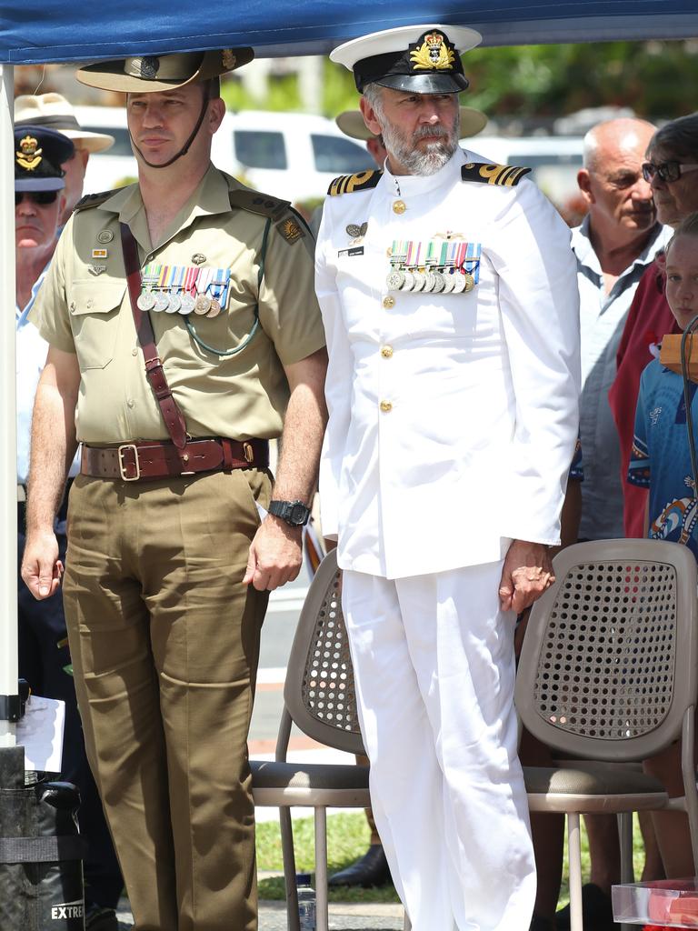 Lieutenant Colonel Mick O'Sullivan and Lieutenant Commander of HMAS Cairns Steve Taragel at the Remembrance Day commemorations at the Cairns Cenotaph PICTURE: ANNA ROGERS