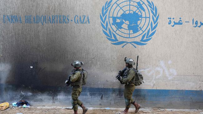 Israeli soldiers inside a compound of the United Nations Relief and Works Agency for Palestine Refugees in the Gaza Strip.