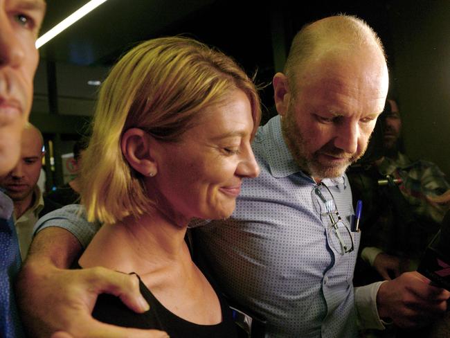 Tara Brown and producer Stephen Rice pictured arriving at Sydney airport, after they were released on bail from prison in Beirut. Picture: Peter Parks/AFP