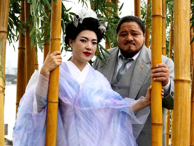 SYDNEY, AUSTRALIA - MARCH 21: Soprano Karah Son (who plays the role of Cio-Cio-San) and leading tenor Diego Torre (who plays Pinkerton) pose during a media preview of Madama Butterfly on March 21, 2023 in Sydney, Australia. (Photo by Don Arnold/WireImage)