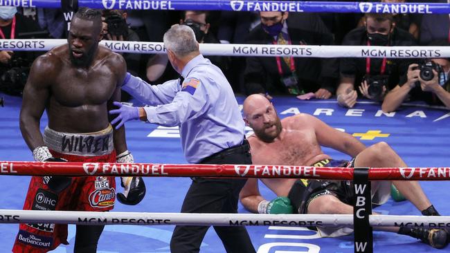 The referee has been criticised for giving Tyson Fury longer than allowed to get up after being knocked down. Photo: Ethan Miller/Getty Images/AFP