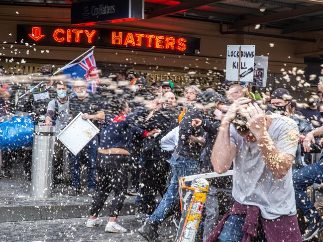 Police deployed pepper spray as protesters gathered in the CBD. Picture: NCA NewsWire/Sarah Matray