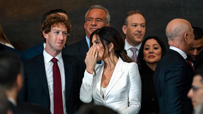 Lauren Sanchez chats to Mark Zuckerberg during the event. Picture: AFP