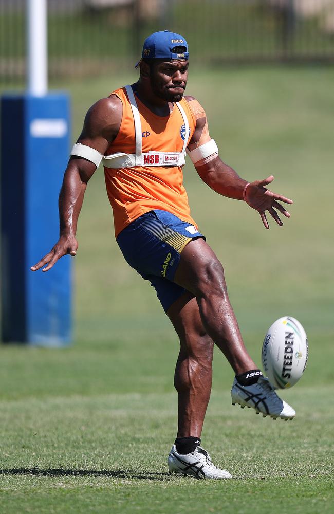 Maika Sivo during Parramatta Eels training at Old Saleyards Reserve, Parramatta. Picture: Brett Costello