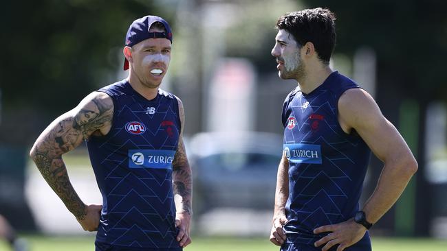 James Harmes and Christian Petracca painted on the sunscreen as they hit the track. Picture: Michael Klein