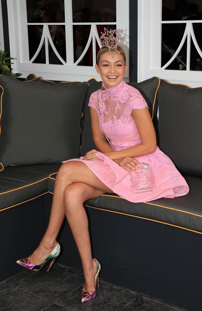 Gigi Hadid at the Birdcage of the 2014 Melbourne Cup. Picture: Alex Coppel.