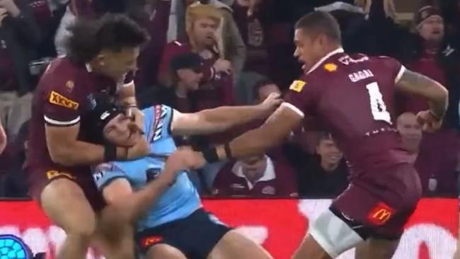 Tino Fa’asuamaleaui grabbed Matt Burton in a headlock during a punch-up with Dane Gagai in Origin III. Picture: Fox League