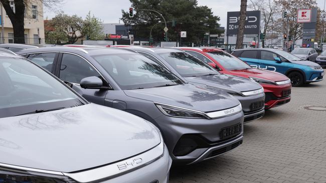 BERLIN, GERMANY - APRIL 05: BYD electric cars stand at a BYD dealership on April 05, 2024 in Berlin, Germany. BYD, which stands for Build Your Dreams, is a Chinese manufacturer that went from making solar panels to electric cars. The company is seeking to gain a foothold in the German auto market and has opened over two dozen dealerships nationwide. (Photo by Sean Gallup/Getty Images)