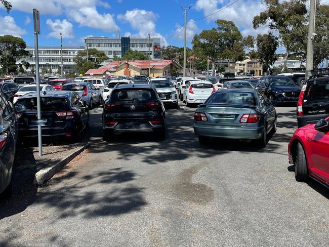 Car parking at the Geelong Railway Station has resulted in a crammed car park, with people parking outside designated areas. Picture: Supplied