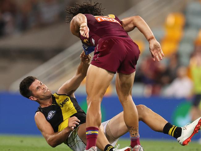 Lions young gun Cam Rayner stares down Richmond captain Trent Cotchin in the 2020 AFL qualifying final. Photo: Michael Klein