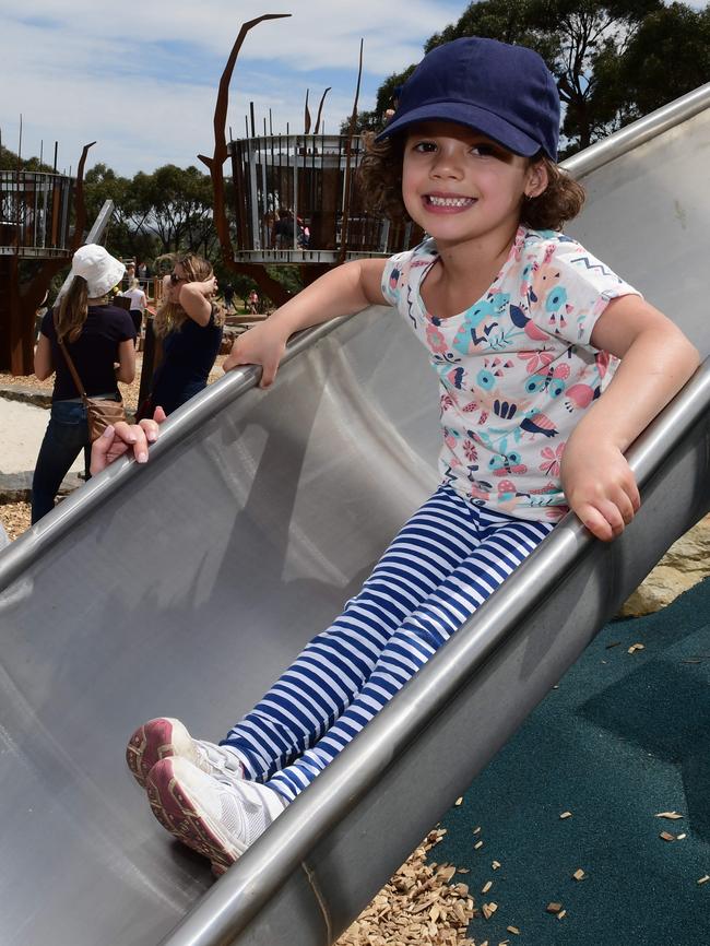 Little Kahlee tries out a slide at the new playground at Cobbler Creek Recreation Reserve. Picture Campbell Brodie.