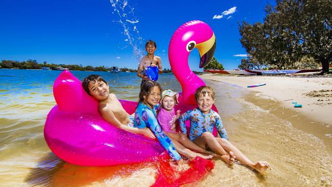 ** WEEKEND PAPERS ** Hot Weather. Ammon Matthews, 7, Liliana Matthews (Birthday today turned 10yrs), 10, Lexi Norford, 4, Carter Matthews, 5 and Auron Matthews, 11 (At Back)  from Yarrabilba enjoy the hot weather at The Spit on the Gold Coast.Picture: NIGEL HALLETT***** Candice  *** MUM 0424202055 ******