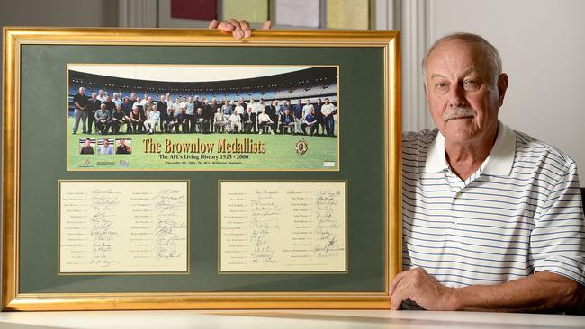 Crows premiership coach Malcolm Blight is donating signed Brownlow Medal memorabilia for an auction to raise money for bushfire victims. Picture: Naomi Jellicoe