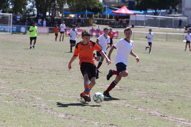 The Premier Invitational football tournament on the Gold Coast. TSS v Brisbane Roar under-13s in action. Picture: Mike Batterham.