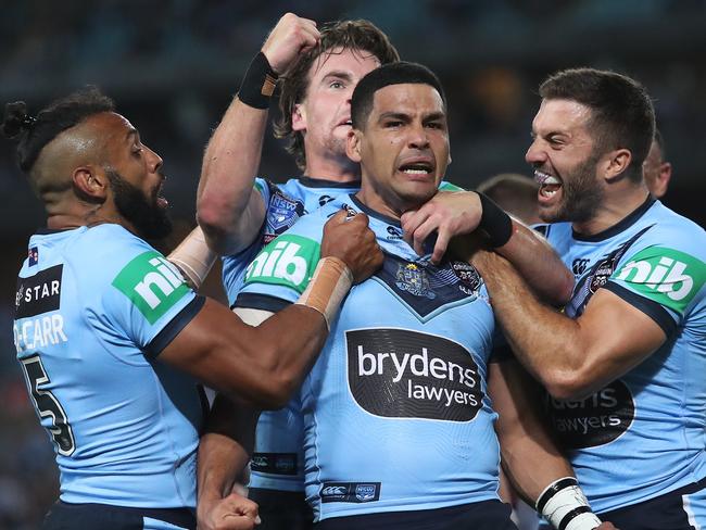 NSW's Cody Walker celebrates after scoring a try during Game 2 of the State of Origin match between the NSW Blues and Queensland Maroons at ANZ Stadium. Picture: Brett Costello