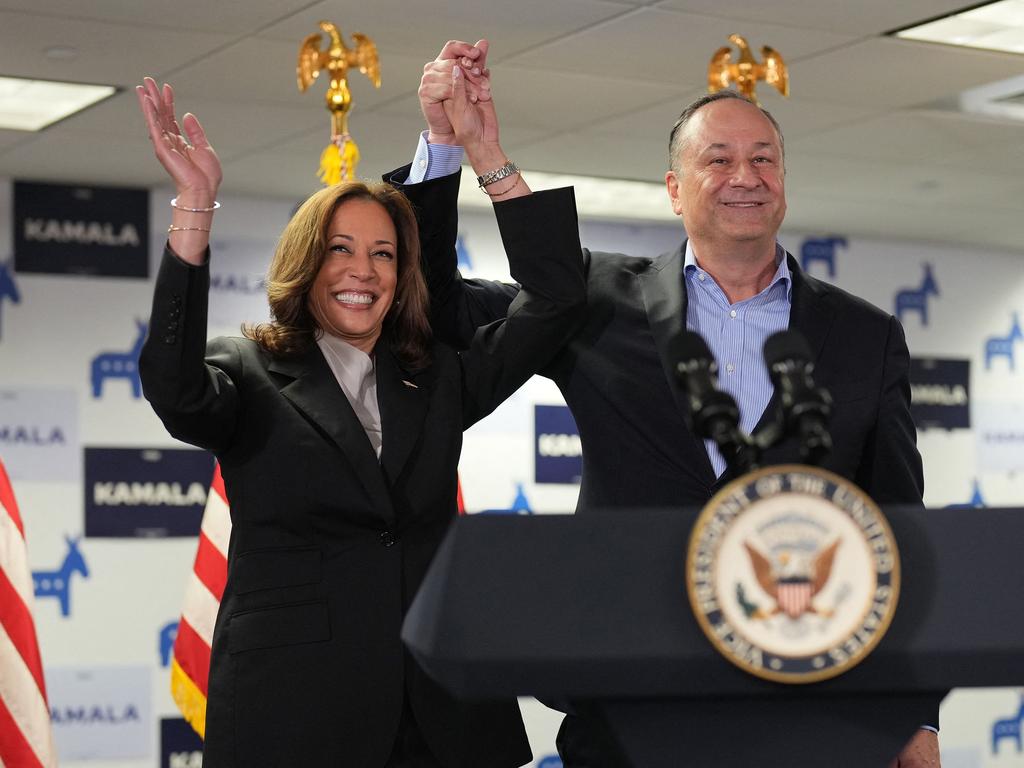 US Vice President Kamala Harris with her husband Doug Emhoff at the campaign headquarters in Wilmington, Delaware. Picture: AFP