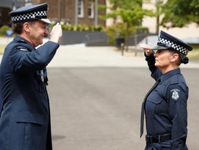 Constable Nicole Bennett, with Chief Commissioner Shane Patton, has quit over “extreme fatigue”.