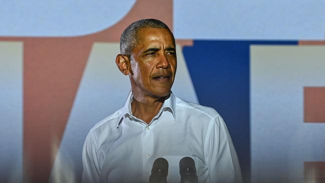 Former US President Barack Obama speaks at a drive-in rally in Miami, Florida. Picture: Chandan Khanna/AFP