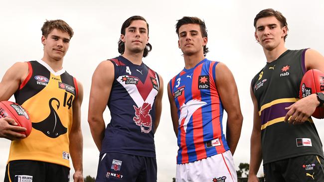 MELBOURNE, AUSTRALIA - MARCH 23: Will Bravo of the Dandenong Stingrays, Josh Sinn of the Sandringham Dragons, Nick Daicos of the Oakleigh Chargers and Zavier Maher of the Murray Bushrangers pose at Ikon Park on March 23, 2021 in Melbourne, Australia. (Photo by Quinn Rooney/AFL Photos/via Getty Images)