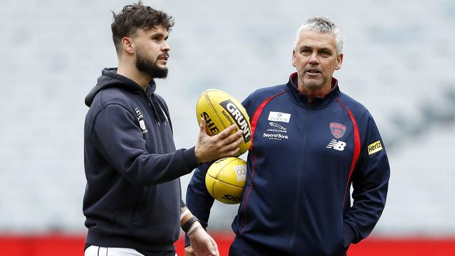 Zac Williams talks to Demons head of development Mark Williams ahead of the Round 9 clash. Picture: Dylan Burns/AFL Photos