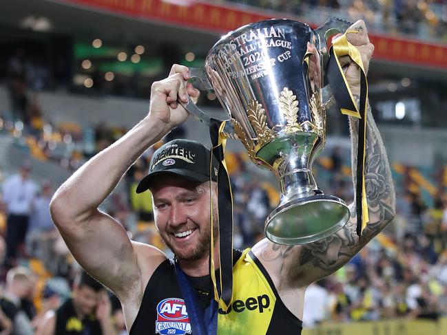 BRISBANE, AUSTRALIA - OCTOBER 24: Nathan Broad of the Tigers celebrates the win after the 2020 AFL Grand Final match between the Richmond Tigers and the Geelong Cats at The Gabba on October 24, 2020 in Brisbane, Australia. (Photo by Jono Searle/AFL Photos/via Getty Images)