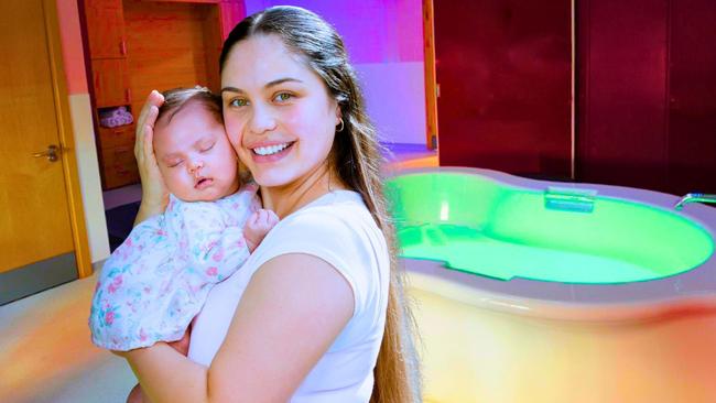 Mum Bailee Lawrence, 24, was the first to give birth in one of the new pools describing the experience of having her daughter Allora as “magical”. Pictures: Contributed/Josh Woning